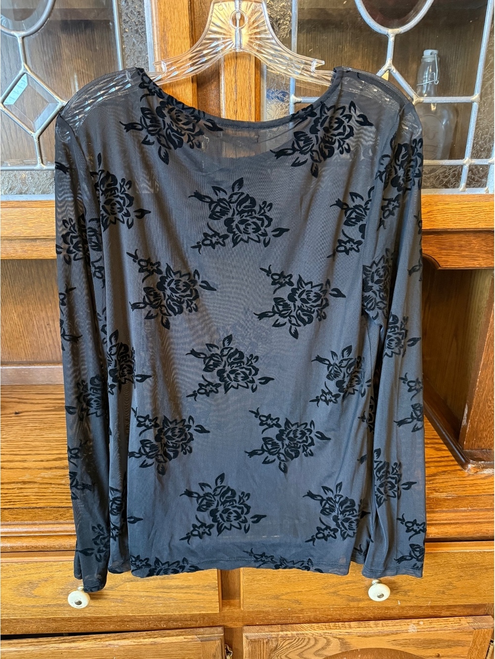 Studio Y Black Flocked Velvet Rose Sheer Mesh Top Whimsigoth Fairy Grunge M - Picture 3 of 4